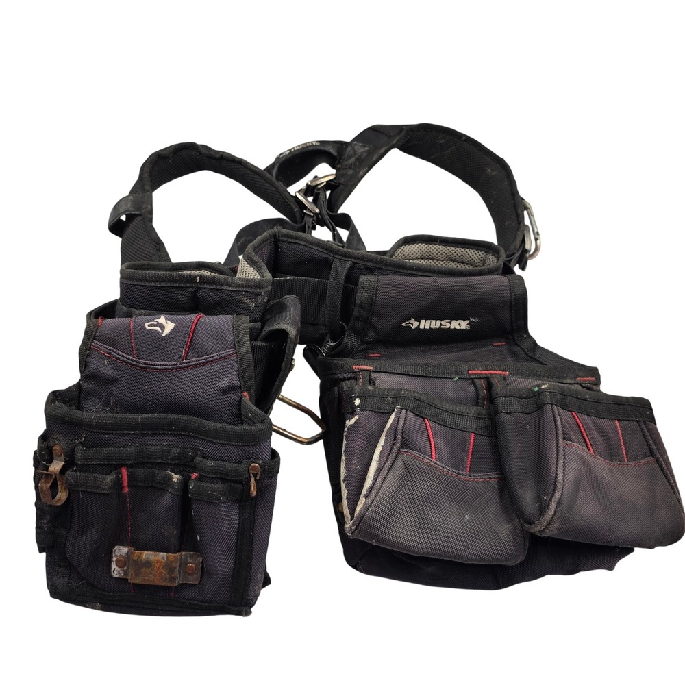 Husky Black Padded Tool Belt Suspenders Rig with Pouches and Hammer Loop